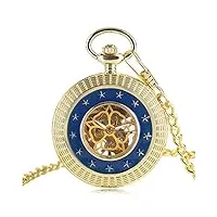 qhyxt or avec étoile bleue boîtier creux mécanique montre de poche numéro fleur squelette main-vent mécanique fob montres pour hommes