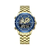 naviforce montre à quartz numérique multifonction étanche pour homme avec chronographe double fuseau horaire et fonction snooze sig, bleu doré.