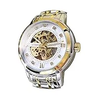 olevs montre mécanique automatique pour homme avec squelette doré et noir avec diamant étanche et lumineuse, 9901 blanc/doré, bracelet