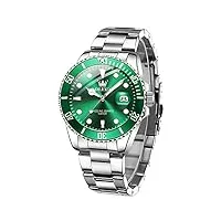 olevs montre à quartz analogique pour homme avec calendrier en métal et acier inoxydable - Étanche et lumineuse - taille l, argenté/vert, bracelet