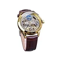 forsining montre pour homme tourbillon phase de lune automatique montre-bracelet en cuir mode business squelette montres de luxe à remontage manuel, doré, sangle