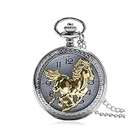 rétro bronze 3d cheval face quartz pocket watch full hunter collier animal pendentif souvenir cadeaux d’anniversaire pour hommes femmes enfant, argent or