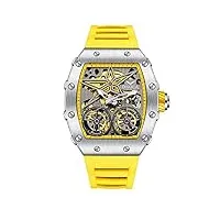 forsining montre pour homme en forme de tonneau squelette mécanique automatique grand cadran tendance business dress montres bracelet en silicone, jaune, sangle