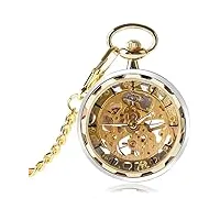 montre de poche rétro, mode argent doré steampunk squelette main-vent mécanique poche fob montres avec chaîne pour hommes femmes, doré