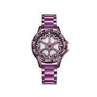 zfven montre femme 360° rotation de luxe quartz chronographe mouvement coeur fleur carrousel bracelet en acier inoxydable (purple)