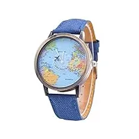 kasituny montre analogique à quartz rétro avec bracelet en toile et cadran rond motif carte du monde