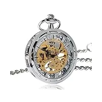 montre de poche montre, hommes femmes remontage manuel montres de poche mécaniques argent or bronze noir pendentif avec fob chian (silver)