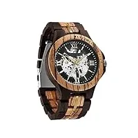 forsining montre pour homme - design classique - en bois - automatique - squelette - montre mécanique lumineuse et étanche, doré/noir