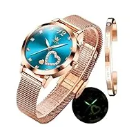 olevs femmes montres coffret cadeau avec bracelet or rose dames minimaliste simple léger casual analogique montre à quartz imperméable à l'eau deux couleurs