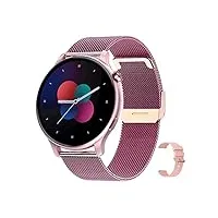 asvil montre intelligente à cadran pour femme - montre intelligente électronique - android ios - tracker de fitness - montre connectée ronde - ceinture en maille rose