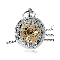 noaled montre de poche montre steampunk pour hommes femmes remontage manuel montres de poche mécaniques argent or bronze noir pendentif avec, support de montre de poche en bois (silve