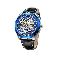 forsining montre squelette mécanique à remontage manuel pour homme bracelet en cuir 20 mm, bleu