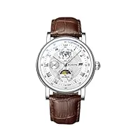 forsining montre pour hommes phase de lune remontage automatique montre bracelet en cuir fashion business montre mécanique date analogique, argent