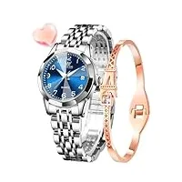 olevs montre pour femme - or et argent - chiffres faciles à lire - diamant - montre analogique - quartz japonais - Étanche - lumineuse - date - cadeau, 9970l bleu/argent