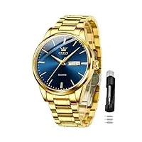 olevs hommes montre en doré en or analogique quartz mode casual business dress montre - bracelet date night light imperméable cadran bleu