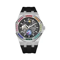forsining montre pour homme avec motif ciel étoilé - montre mécanique à remontage manuel automatique - couleur phase de lune - cadran diamant - Étanche, noir