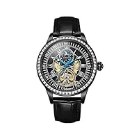forsining montre pour homme tendance à remontage manuel et bracelet en cuir cadran diamant phase de lune montre automatique lumineuse, noir