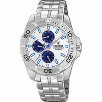 montre festina f20445-1 - multifonction acier quartz cadran blanc compteurs bleus et bracelet acier