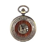 montre de poche mécanique vintage - chiffres romains, gravures de fleurs et cadran en bois - avec pendentif