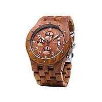 bewell montre bois homme chronographe quartz avec bracelet en acier bois date calendrier décontracté rond (rouge)