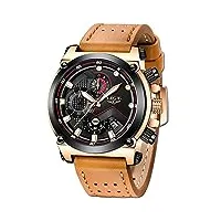 lige hommes montres，luxe mode etanche affaires analogue quartz montres militaires sports chronographe marron cuir grand cadran