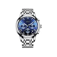 lige montres hommes chronographe sport étanche à quartz en acier, bleu, mode décontractée