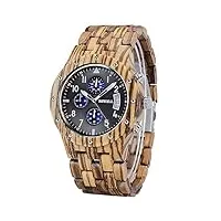 bewell montre bois homme chronographe quartz avec bracelet en acier bois date calendrier décontracté rond (marron)