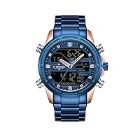 naviforce montre à quartz multifonction pour homme en acier inoxydable analogique numérique led, bleu, bracelet