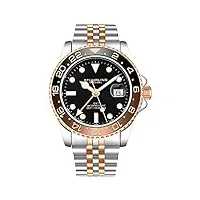 stuhrling original montre pour homme avec bracelet jubilé en acier inoxydable gmt double fuseau horaire date de réglage rapide avec couronne vissée résistant à l'eau jusqu'à 10atm (two tone rose gold)