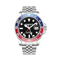 stuhrling original montre pour homme avec bracelet jubilé en acier inoxydable gmt double fuseau horaire date de réglage rapide avec couronne vissée résistant à l'eau jusqu'à 10atm (blue/red)
