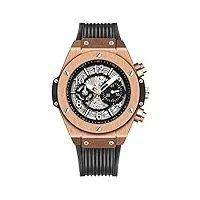 montres bracelet,montre mécanique automatique creuse en silicone fashion cadran noir coquille d'or rose