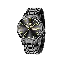 lige montre homme, business casual montre bleu étanche en acier inoxydable analogique quartz de calendrier watch for man (noir)