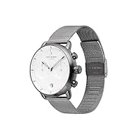 nordgreen pioneer montre chronographe pour hommes scandinave gris métallisé 42mm avec cadran blanc et bracelet en maille gris métallisé 14017