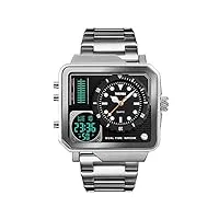 omadiol montre digitale homme, quartz en acier inoxydable led analogique double cadran carré business montres bracelet homme, argent