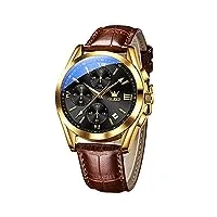 olevs montre chronographe pour homme - bracelet en cuir marron - classique - tendance - analogique - quartz - grand cadran - décontracté - Étanche - lumineux, bracelet marron et cadran doré, sangle