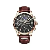 lige mens montres mode Étanche chronographe analogique quartz robe d'affaires bracelet en cuir montre pour hommes (brun noir)