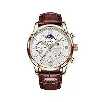 lige mens montres mode Étanche chronographe analogique quartz robe d'affaires bracelet en cuir montre pour hommes (brun blanc)