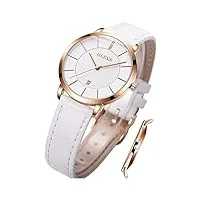 olevs montre à quartz pour femme - design minimaliste et décontracté - bracelet en cuir - Étanche - date élégante, cadran blanc/bracelet blanc, sangle