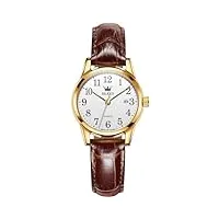 olevs montres à quartz analogique pour femme avec chiffres faciles à lire, bracelet en cuir marron réglable, couleur : blanc.,