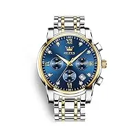 olevs montre chronographe pour homme, bracelet en acier inoxydable, montre à quartz analogique lumineuse, étanche, multifonction, pour homme, cadran bleu/bracelet argenté doré, round, style sportif