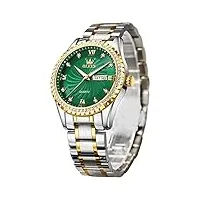 olevs montre à quartz pour homme en acier inoxydable étanche avec date doré, vert, bracelet