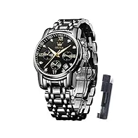 olevs montre pour homme avec diamant analogique en acier inoxydable argenté étanche avec date, chronographe, chiffres romains, tout noir