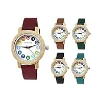 holzwerk germany® montre pour fille et enfant - montre en bois naturel écologique - montre d'apprentissage - montre bracelet en cuir - montre analogique classique à quartz en bleu, noir, vert, rouge,