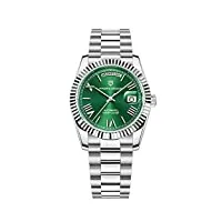 pagani design men's watches, 36mm automatic mechanical stainless steel 100m waterproof luxury wrist watch for men, double date display sapphire dial glass (vert-a1752)