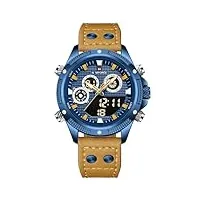 naviforce montre à quartz numérique pour homme - rétro-éclairage super lumineux, chronographe, montre de sport étanche avec bracelet en cuir, bleu